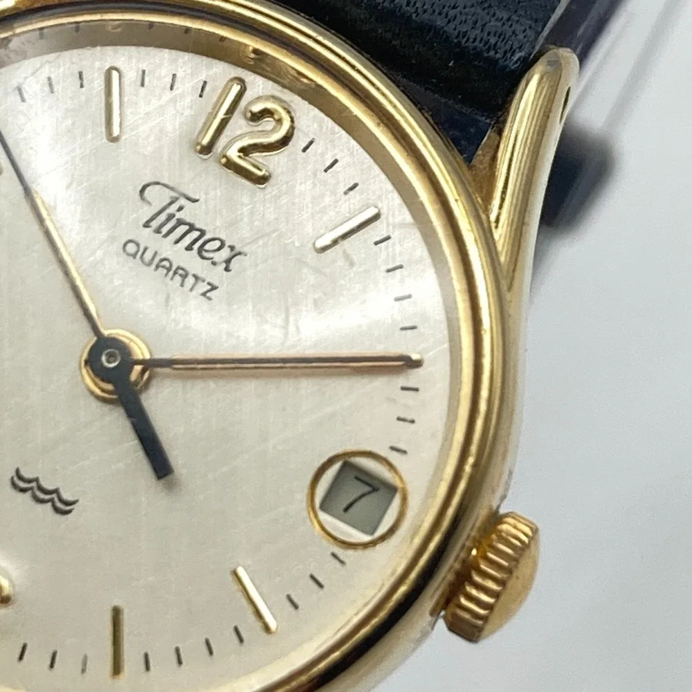 Vintage Timex Womens Watch 22mm Gold Tone Linen Dial Date New Battery SMALL 7.5